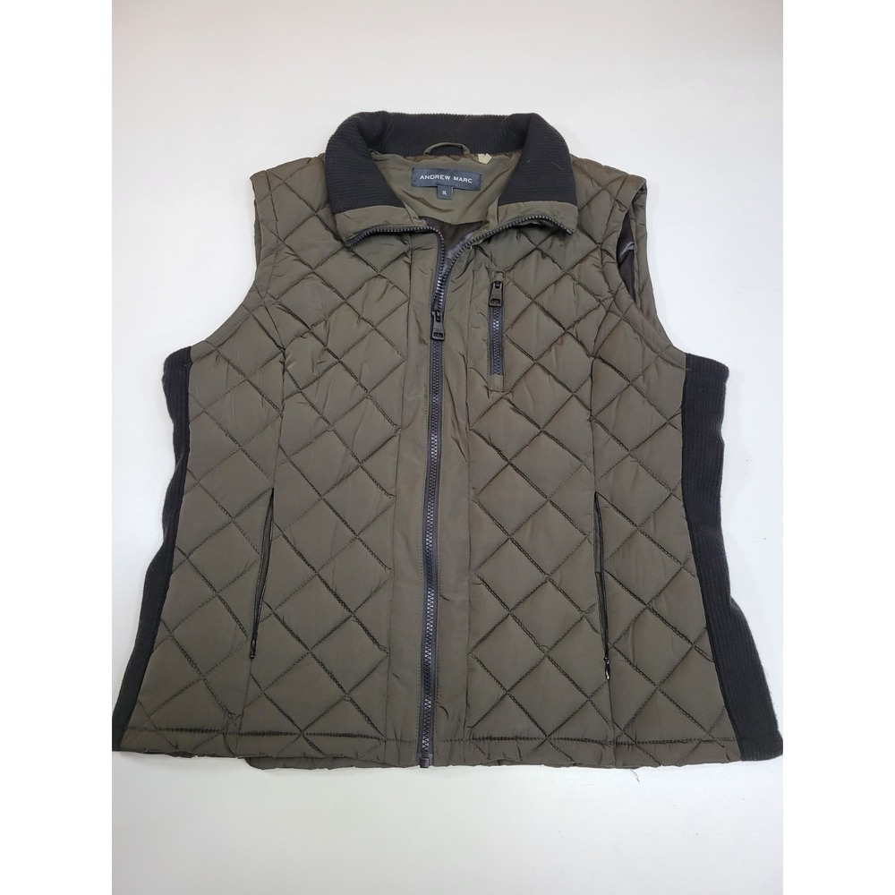 Andrew Marc Womens XL Olive Green Quilted Puffer Vest Full Zip Ribbed Stretch